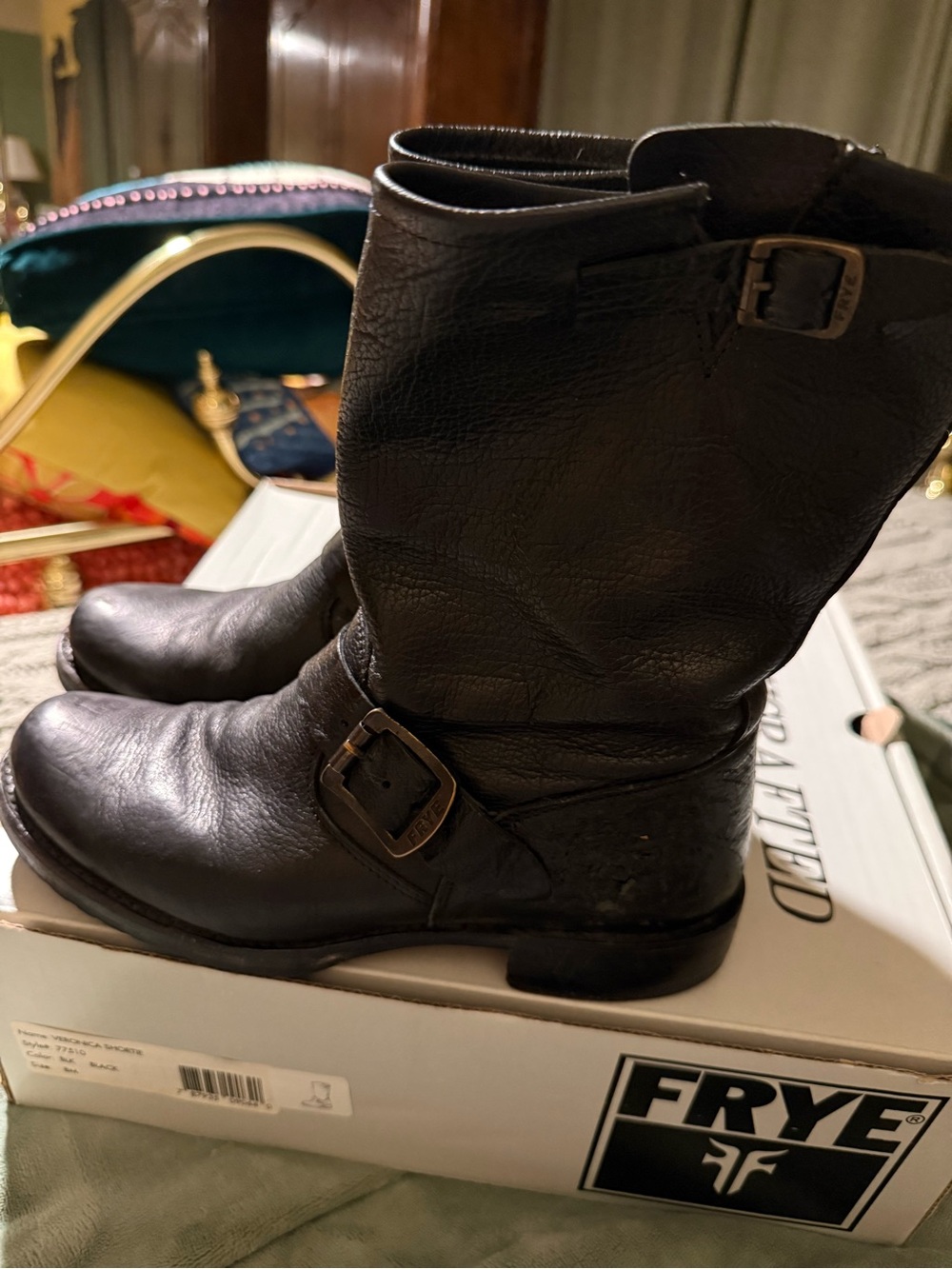 Frye Black Leather Lace-Up Harness Boots